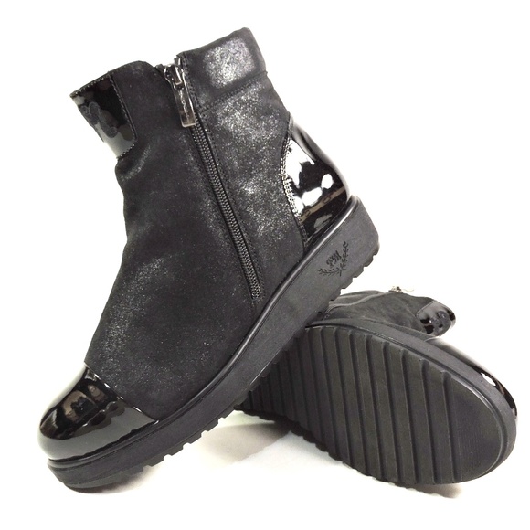 MARZETTI 🇮🇹 WOMEN'S BLACK SUEDE & PATENT LEATHER LAMB FUR COMFORT BOOTIE - Picture 7 of 7